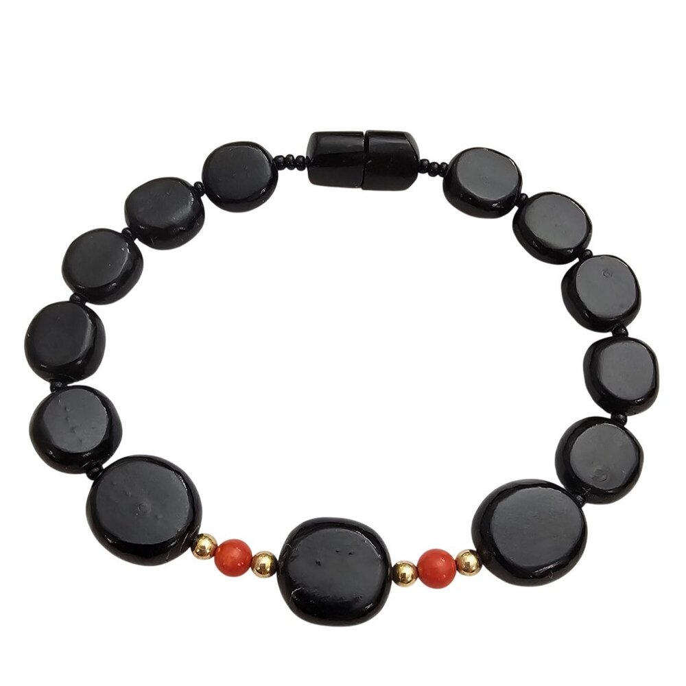 Gold Filled Black Coral Graduated Bead Bracelet Screw Barrel Clasp Vintage J461